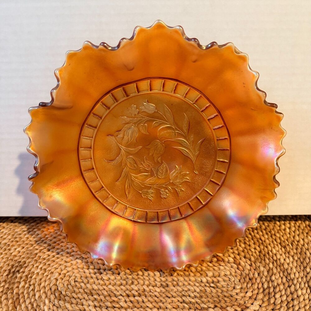 Antique Dugan Windflower Marigold Carnival Glass Ruffled Iridescent Bowl 8.5"